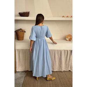 Robe longue en mousseline bleu ciel pour bébé, col rond, coupe trapèze, taille naturelle, respirante, décontractée, pour usage quotidien, en tissu tissé, vente en gros - Product Image 1