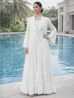 Abaya plissée à ouverture frontale pour femmes, 100% polyester |   Cardigan long modeste à col revers et manches évasées 145cm