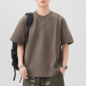 <span class=keywords><strong>Camiseta</strong></span> de algodón 100% de alto gramaje para <span class=keywords><strong>hombre</strong></span>, de manga corta, cuello redondo, corte holgado, color liso, plisada y anti-bolitas. - Product Image 4