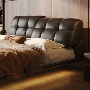 Puffbed met verstelbare rugleuning, Italiaans minimalistisch zwevend echt lederen kingsize bed voor de hoofdslaapkamer, zacht gestoffeerd - Product Image 5