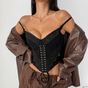 Nuovo Bustier <span class=keywords><strong>in</strong></span> Pizzo Tinta Unita con Ferretto, Top Corsetto Sexy Regolabile con Stecche per Donna - Product Image 3