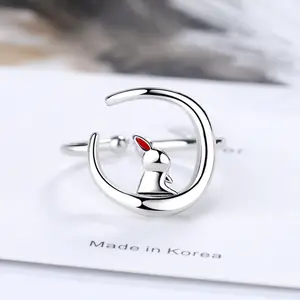 2023 Curved Moon Rabbit Ring Opening Adjustable Simple Cute Animal Rings Jewelry Jade Rabbit Ring for Girls Valentine's Day gift