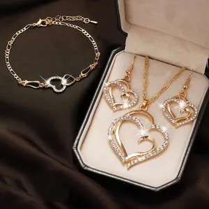 Berlian Kristal Hati Liontin Kalung Anting Dan Gelang Set Romantis Pesta Pernikahan Perhiasan Set untuk Wanita
