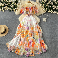 Robe longue décontractée en mousseline à imprimé floral et épaules dénudées pour femme, avec taille élastiquée et volants, coupe trapèze, idéale pour les vacances, la plage ou les soirées
