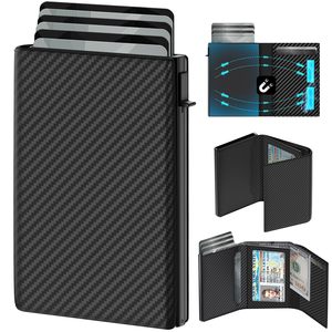 Portefeuille pour homme en fibre de carbone à trois volets, porte-cartes automatique à ouverture rapide, protection RFID, taille compacte, noir - Product Image 1
