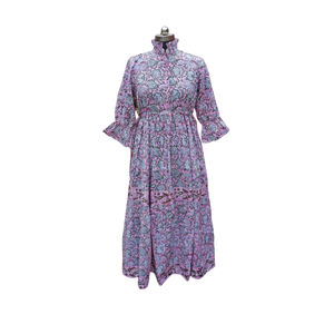 Robe longue trapèze faite main vintage 100 % coton respirant écologique séchage rapide col montant imprimé naturel pour soirée formelle - Product Image 3