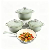 Ensemble de batterie de cuisine en fonte émaillée 4 pièces, compatible four, comprenant faitouts, poêle à frire et poêle grill, pour cuisinières à induction et à gaz