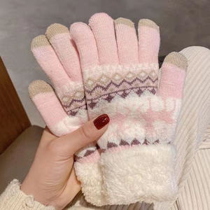 Usine directe acrylique mode épaissi Jacquard femmes tricoté en plein air froid hiver <span class=keywords><strong>chaud</strong></span> écran tactile gants - Product Image 6