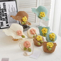 Ensemble Chapeau de Paille et Sac d'Été pour Enfants, Motif Floral Sérigraphié, Protection Solaire, pour Femmes et Filles