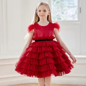 OEM Custom Kids Birthday Boutique Clothing Feather Cupcake Layers Red Frock Flower Girl Wedding Party Pageant Girls Dress