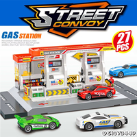 Modèle de station de lavage de voitures et de gazinière en plastique sur mesure, avec 4 voitures miniatures en alliage, jeu de simulation de scène urbaine pour enfants garçons
