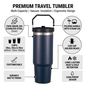 Gobelet isotherme en acier inoxydable à double paroi de 20oz et 30oz avec poignée et paille, idéal pour le <span class=keywords><strong>café</strong></span>, les voyages, le camping et la voiture, vente en gros d'usine, promotionnel - Product Image 2