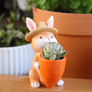 Maceta de Resina con Forma de Conejito con Sombrero de Paja, Maceta Creativa para Suculentas con Diseño de Conejo y Zanahoria, Maceta de Dibujos Animados con Forma de Animal - Product Image 4