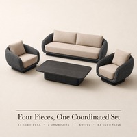 Ensemble de canapés de patio pour hôtel, villa, resort, 4 pièces, structure en teck, corde en oléfine, canapé d'extérieur avec fauteuil pivotant et table basse