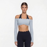 Ensemble de vêtements de sport pour femmes, haut court à manches longues et pantalon taille haute, patchwork contrasté, style scallop, pour le yoga et la remise en forme