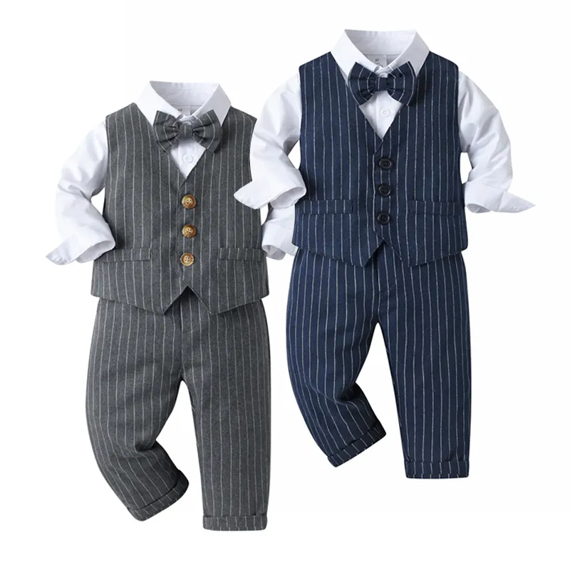 Bow Tie 3 Piece White Blue Formal Dress wear Child Tuxedos Outfits Kids Party Clothes Boys Clothing Set For Wedding