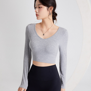 Haut Court <span class=keywords><strong>Femme</strong></span> Ajusté Rembourré Printemps-Été Manches Longues Décontracté Col Cœur Teint Uni - Product Image 6