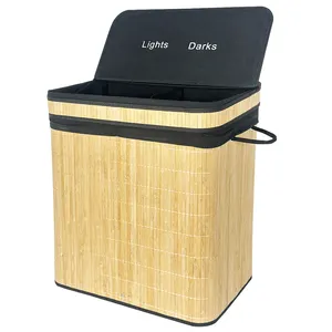 Eco-friendly Material Waterproof Bamboo Laundry Basket With Handle Large Laundry Hamper 2 Partitions For Dirty Clothes Storage