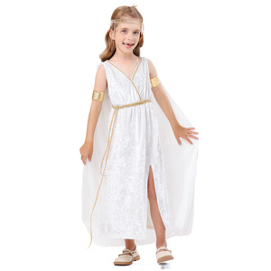 Disfraz de Diosa Griega, Vestido Largo para Niñas, Ropa para Actuaciones Escénicas, Blanco con Adornos Dorados - Product Image 5