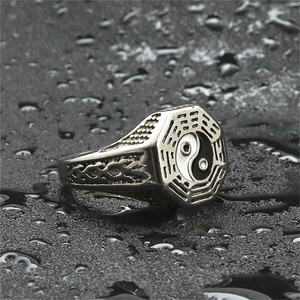 European American Style <b>Titanium</b> Steel Yin Yang Octagon <b>Ring</b> Men's Punk Fashion Jewelry Silver 26005 - Product Image 1