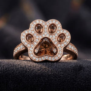 Anillo con Huella de Pata en Oro Rosa con Gemas Marrones y Detalles Blancos Brillantes, Joyería de Moda Única para Amantes de los Animales, Regalo - Product Image 3