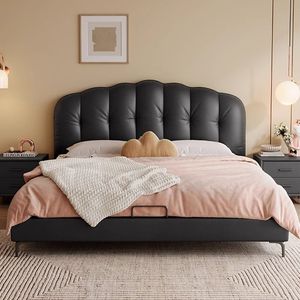 French Style Genuine Leather <b>Bed</b> With <b>Soft</b> Backrest Low Box Double Size Modern Minimalist Upholstered Bedroom Furniture - Product Image 3