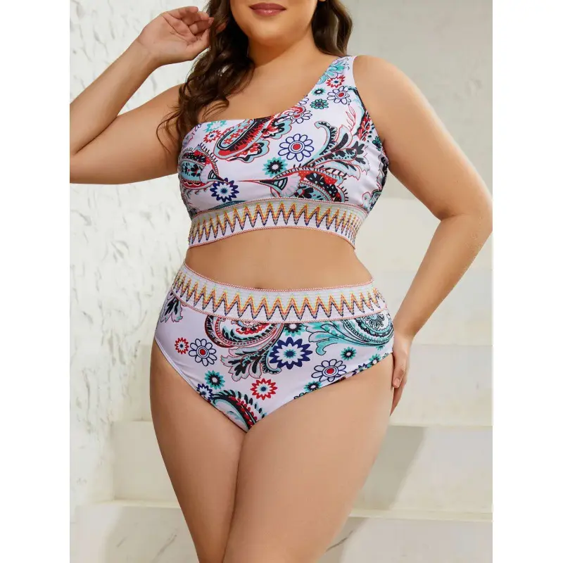 Nuevos estilos bikinis de talla grande al por mayor impresión de un hombro cintura alta 2 piezas trajes de baño de playa LOGOTIPO personalizado y traje de baño de mujer