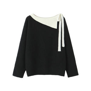 Pull en maille à col nœud color-block pour femme Runqi, grande taille, automne-hiver, anti-boulochage, manches longues - Product Image 1