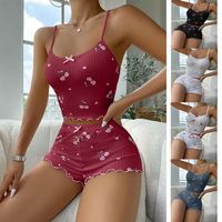 Ensemble pyjama à bretelles imprimé cerises pour femme – Pyjama confortable et extensible, motif cerises mignonnes, haut à bretelles et short assorti