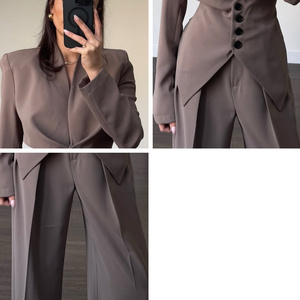Traje de Oficina Elegante para <span class=keywords><strong>Mujer</strong></span>: <span class=keywords><strong>Blazer</strong></span> Entallado Color Taupe con Dobladillo Puntiagudo y Pantalones Palazzo Fluidos, Conjunto de 2 Piezas - Ropa de Trabajo OEM/ODM - Product Image 2