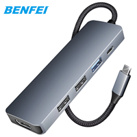 Hub USB-C 5-en-1 personnalisable avec prise 4K, 3 ports USB-A, alimentation 100W, compatible OEM à 100% pour ordinateur portable, câble en silicone/tressé, boîtier en aluminium