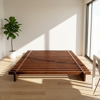 Lit Tatami Fluide en Bois Massif de Frêne Ancien Style Médiéval Sans Tête de Lit avec Cadre de Suspension Double/Simple