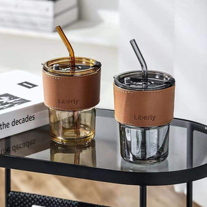 LingKa LK01 Tasse à eau moderne en verre à motif bambou, portable, résistante à la chaleur, à double paroi, avec manchon et paille, facile à nettoyer - Product Image 3