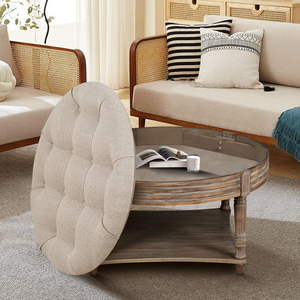 Round Waterproof Ottoman Coffee <b>Table</b> 2 Tier Button Tufted Wooden Shelf Storage Farmhouse Style - Product Image 3
