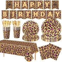 Vaisselle jetable pour fête d'anniversaire sur le thème des animaux de la savane, imprimé guépard rose : assiettes, serviettes, couverts