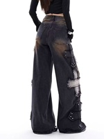 Pantalon en jean déchiré coupe large style rock punk pour femme, nouveau design tendance, taille haute, ample et fluide, jambe droite, longueur ras du sol