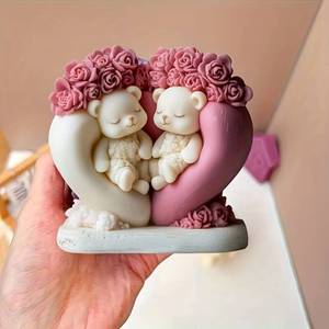 <b>Cute</b> Candle Silicone Rose Animal Epoxy Resin Heart-Shaped Flower <b>Bear</b> Plaster Mold, Valentine's Day Gift - Product Image 5
