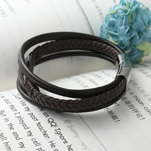 yunnique Titanium Steel Feather <b>Leather</b> <b>Bracelet</b> Brown Woven Design Fashion Jewelry - Product Image 4