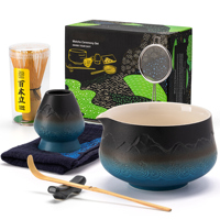 Cérémonie du thé Matcha japonaise, bol en porcelaine, fouet à Matcha, cuillère en bambou, ensemble de 7 pièces, écologique, boîte cadeau bleue, logo personnalisé