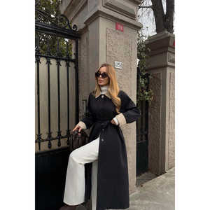 Manteau long noir pour femme, col trench, double boutonnage, imperméable, doublure en cachemire, décoration imprimée, saison automne/hiver - Product Image 6