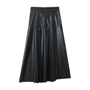 Autumn Fashion Hot Sale Women's Casual <b>Long</b> <b>Leather</b> <b>Skirt</b> <b>Black</b> PU Material Zipper Fly Decorative Slit Print Natural Waistline - Product Image 2