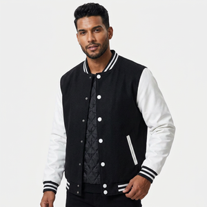 Men's Black White Genuine <b>Leather</b> Shell Windproof <b>Winter</b> Varsity <b>Jacket</b> Cotton Lining Embroidery Button Closure Casual - Product Image 1