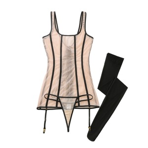 Ensemble de lingerie 3 pièces sexy en résille transparente pour femme : mini-robe, porte-jarretelles et bas, tenue de nuit transparente - Product Image 6