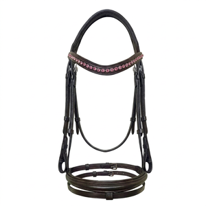 Bridon Équestre en Cuir de Qualité Élégant avec Strass Roses, Logo Personnalisé, Réglable, pour l'Entraînement et la Compétition - Product Image 1