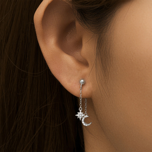 CANNER Joyería Fina, Pendientes de Plata de Ley 925 con Cadena de Borlas y Circonita Cúbica, Diseño de Estrella y Luna, para Mujer, Regalo - Product Image 4