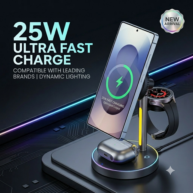 25W Fast Charging 3in 1 Magnetic Wireless Charger Stand Charging Station Cooling Fan Light for Apple Watch for Samsung Watch