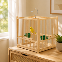 Cage à oiseaux en bois naturel avec perchoir et bols, plateau inférieur amovible, nettoyage facile, cage suspendue au plafond pour petits oiseaux