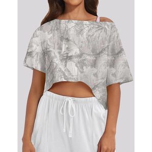 FOXA Camiseta corta con hombros descubiertos para mujer, camiseta deportiva de manga corta con cuello barco, camiseta holgada transpirable de verano - Product Image 2