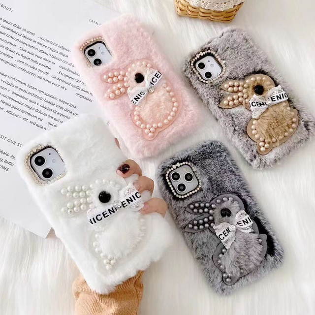 New Fashion Hot Selling Cute Luxury 3D Rabbit Fur Plush Winter Warm Fluffy Pearl Diamond TPU Phone Case for iPhone 15/Pro Max