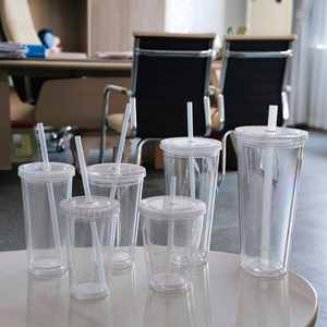 Venta al por mayor de vasos de plástico acrílico transparente de doble pared sin BPA de 12oz, 16oz, 22oz, 24oz para jugo, agua, té y café con pajita y tapas - Product Image 5